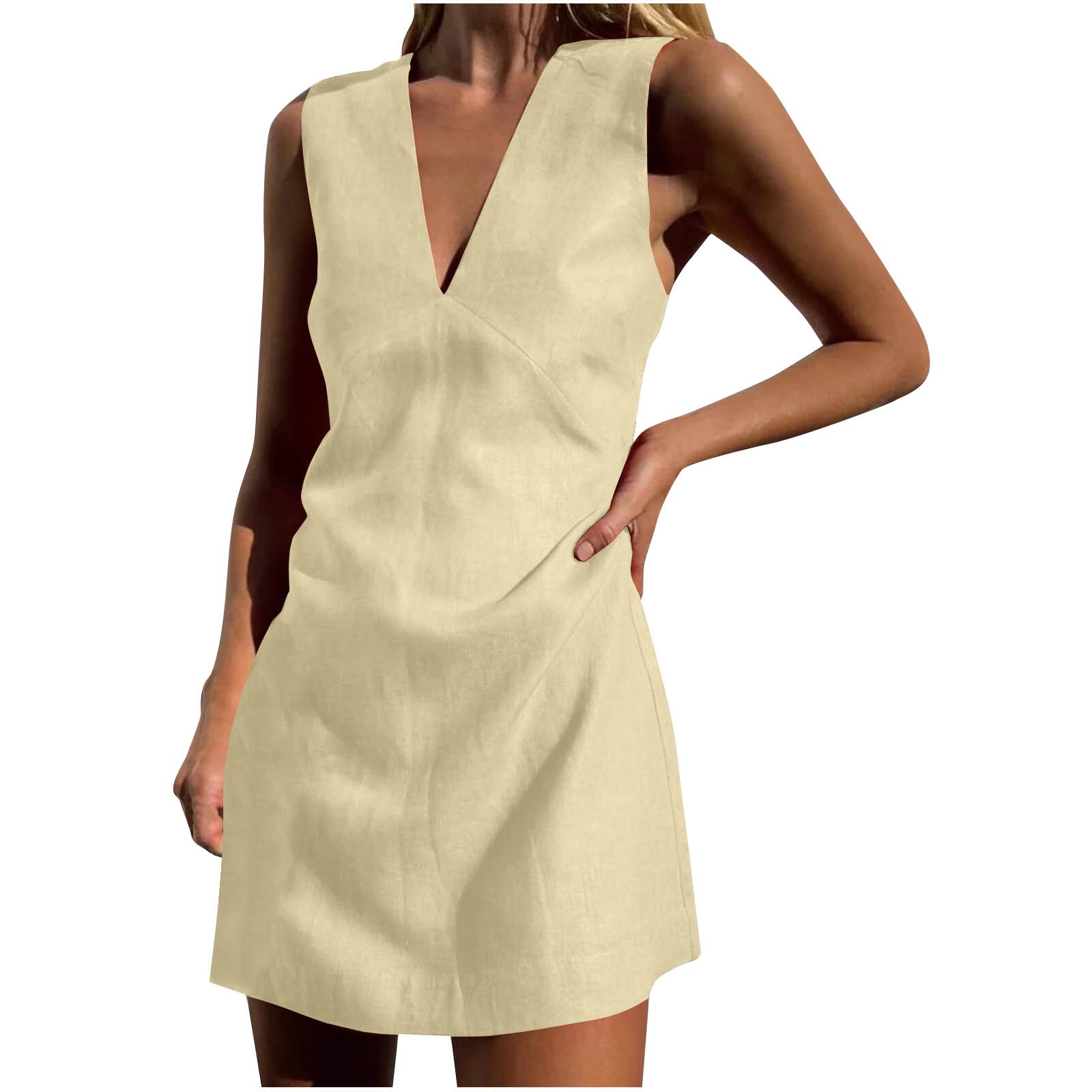 thumbnail image 1 of Vestido sin mangas de lino con cuello en V para mujer: básico de verano, color liso, corte ajustado, falda tipo chaleco., 1 of 5